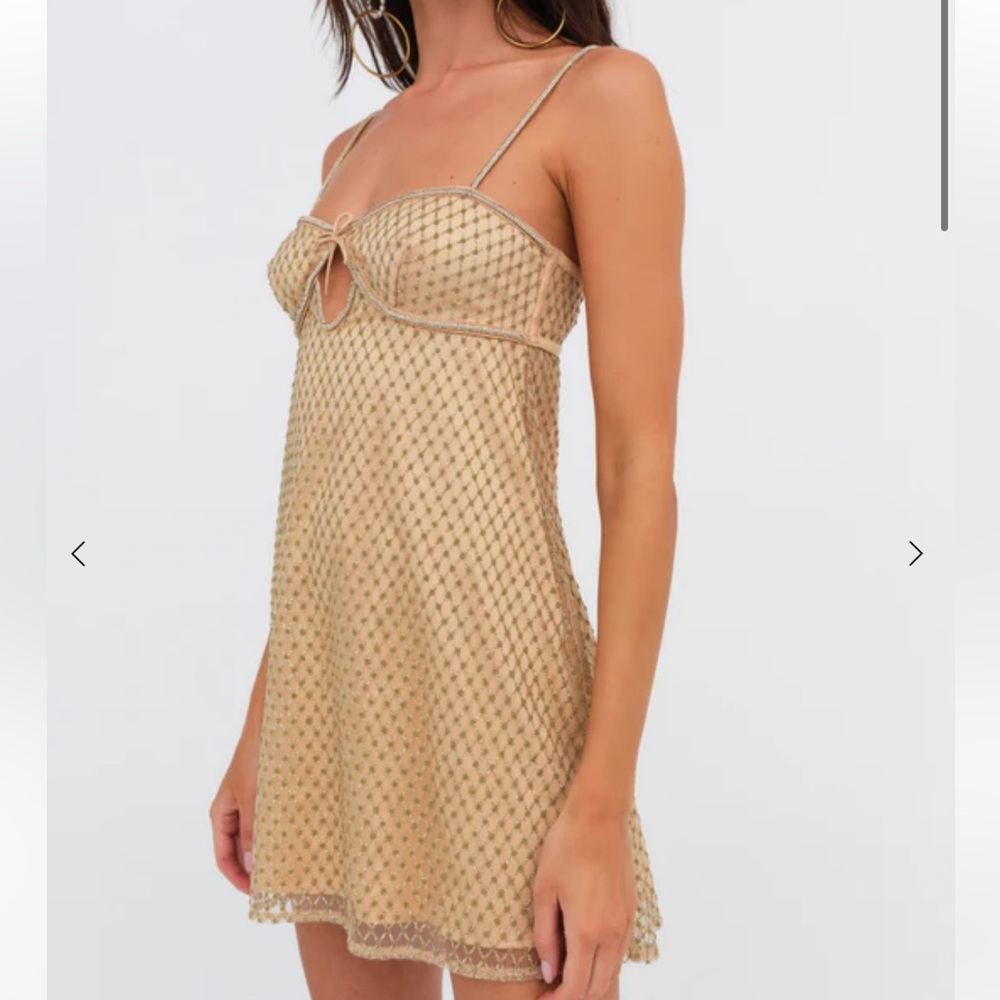 For love and lemons glitter gold slip dress, Sabrina Carpenter music video dress